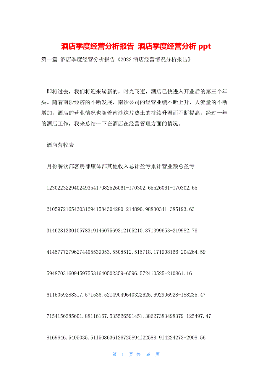 酒店季度经营分析报告 酒店季度经营分析ppt_第1页