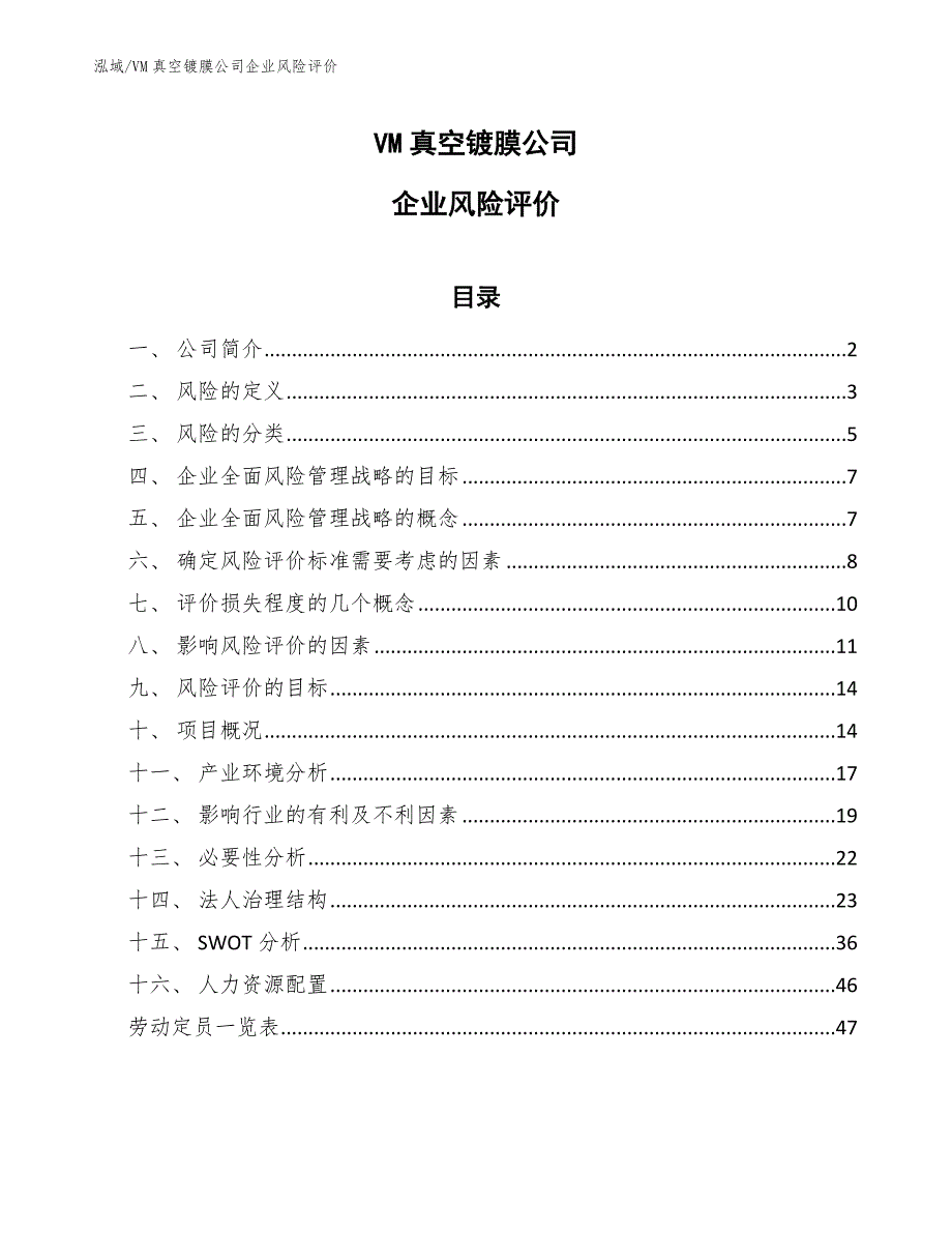 VM真空镀膜公司企业风险评价（参考）_第1页