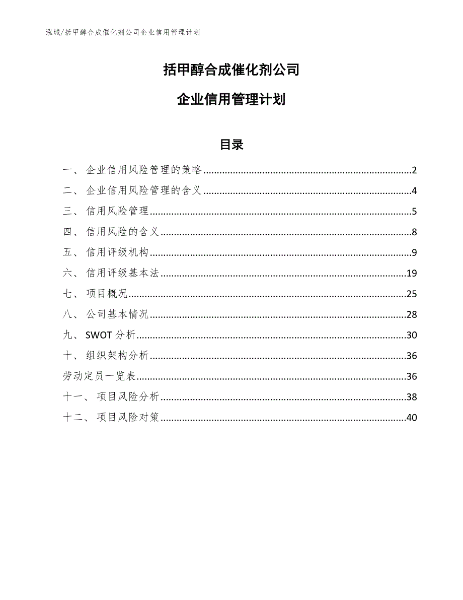 括甲醇合成催化剂公司企业信用管理计划（范文）_第1页