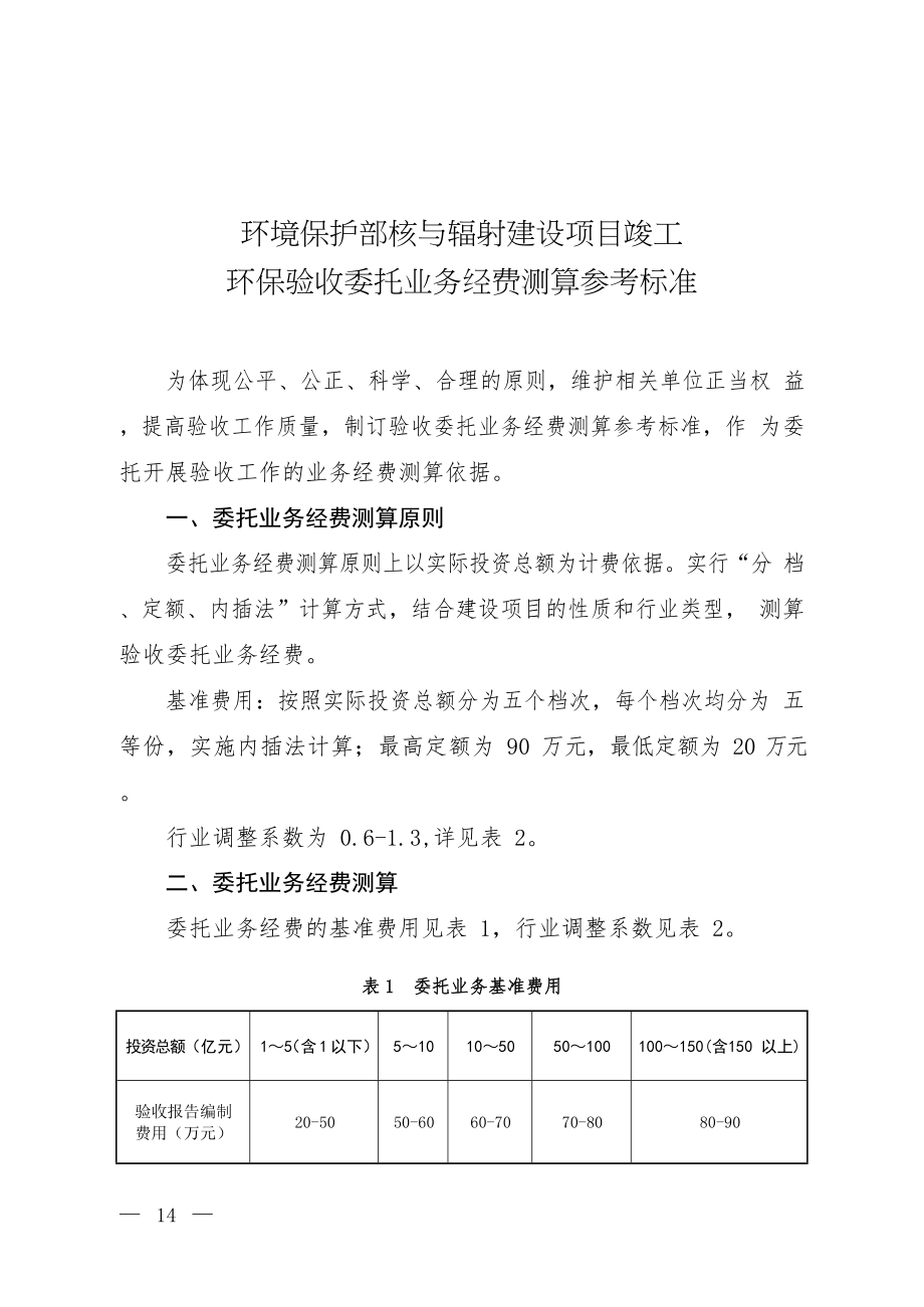 环境保护部核与辐射建设项目竣工环保验收委托业务经费测算参考标准_第1页