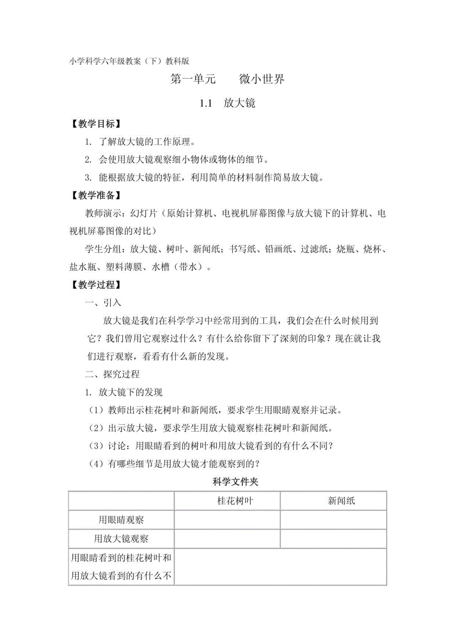 教科版小学科学六年级教案下册_第1页