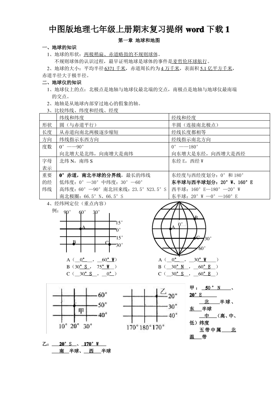 中图版地理七年级上册期末复习提纲下载1_第1页