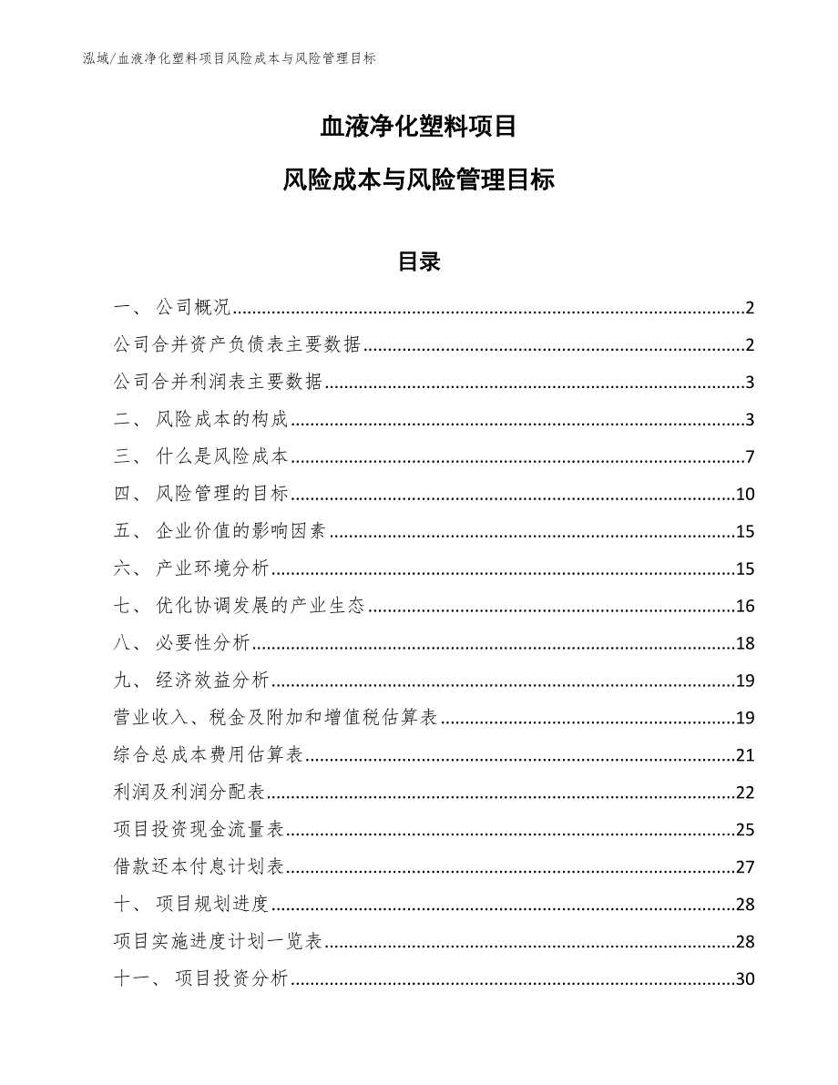 血液净化塑料项目风险成本与风险管理目标【范文】_第1页