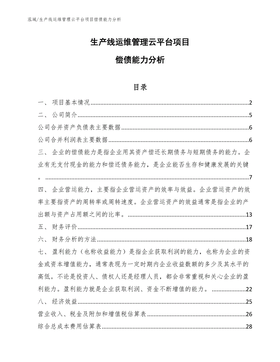 生产线运维管理云平台项目偿债能力分析_第1页