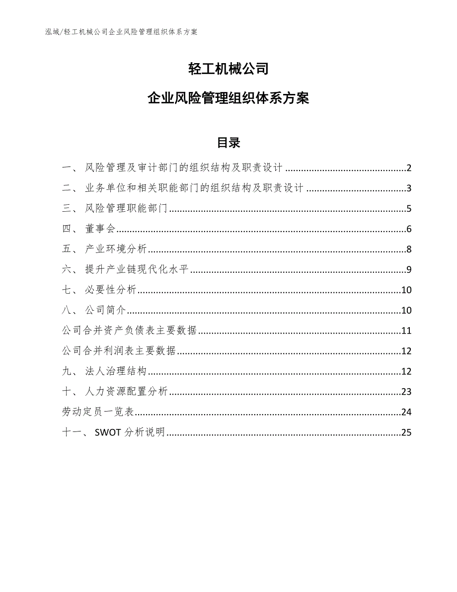 轻工机械公司企业风险管理组织体系方案_参考_第1页