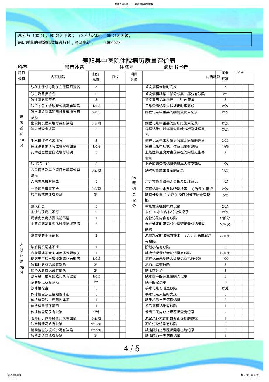 寿阳县中医院住院病历质量评价表_第4页