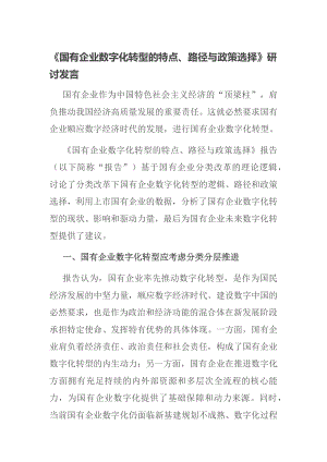 《国有企业数字化转型的特点、路径与政策选择》研讨发言