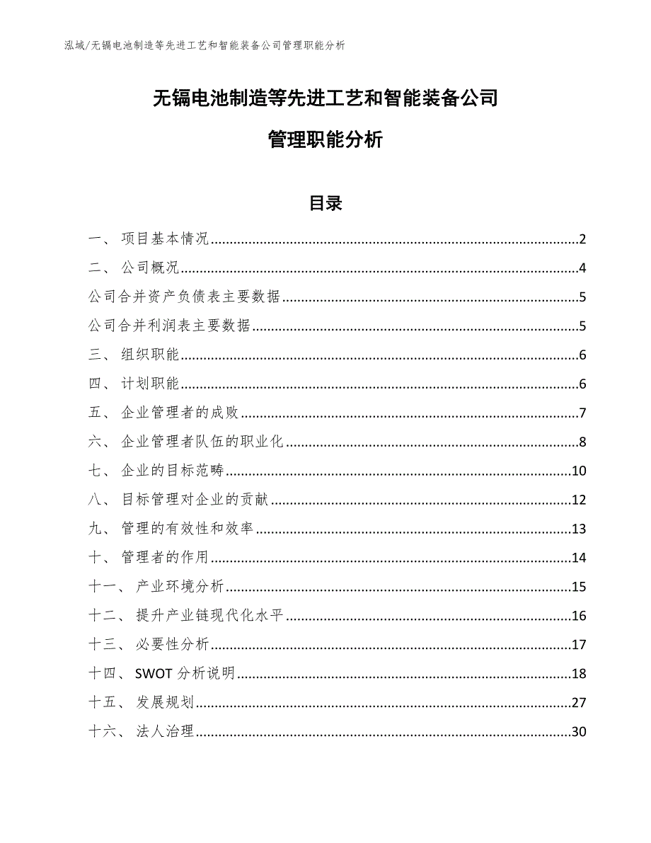 无镉电池制造等先进工艺和智能装备公司管理职能分析（范文）_第1页