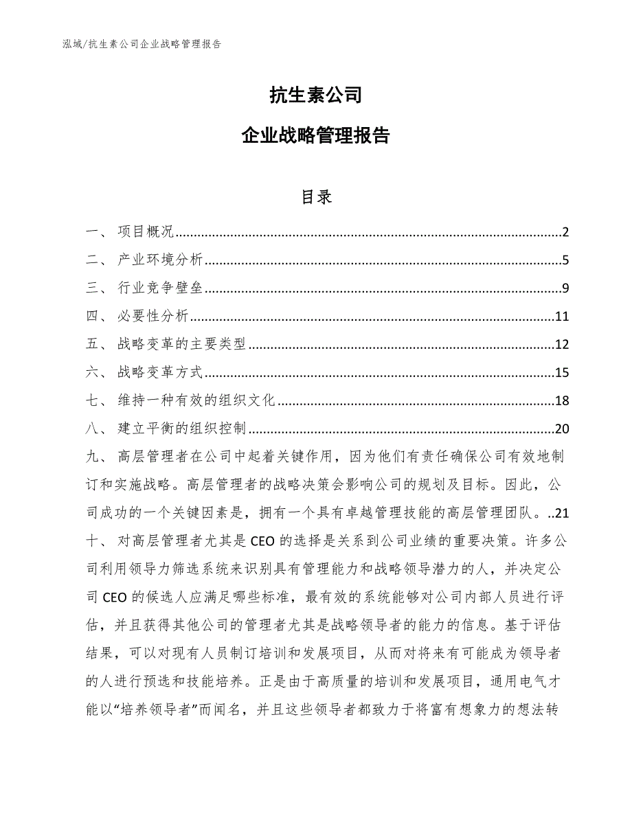 抗生素公司企业战略管理报告_参考_第1页