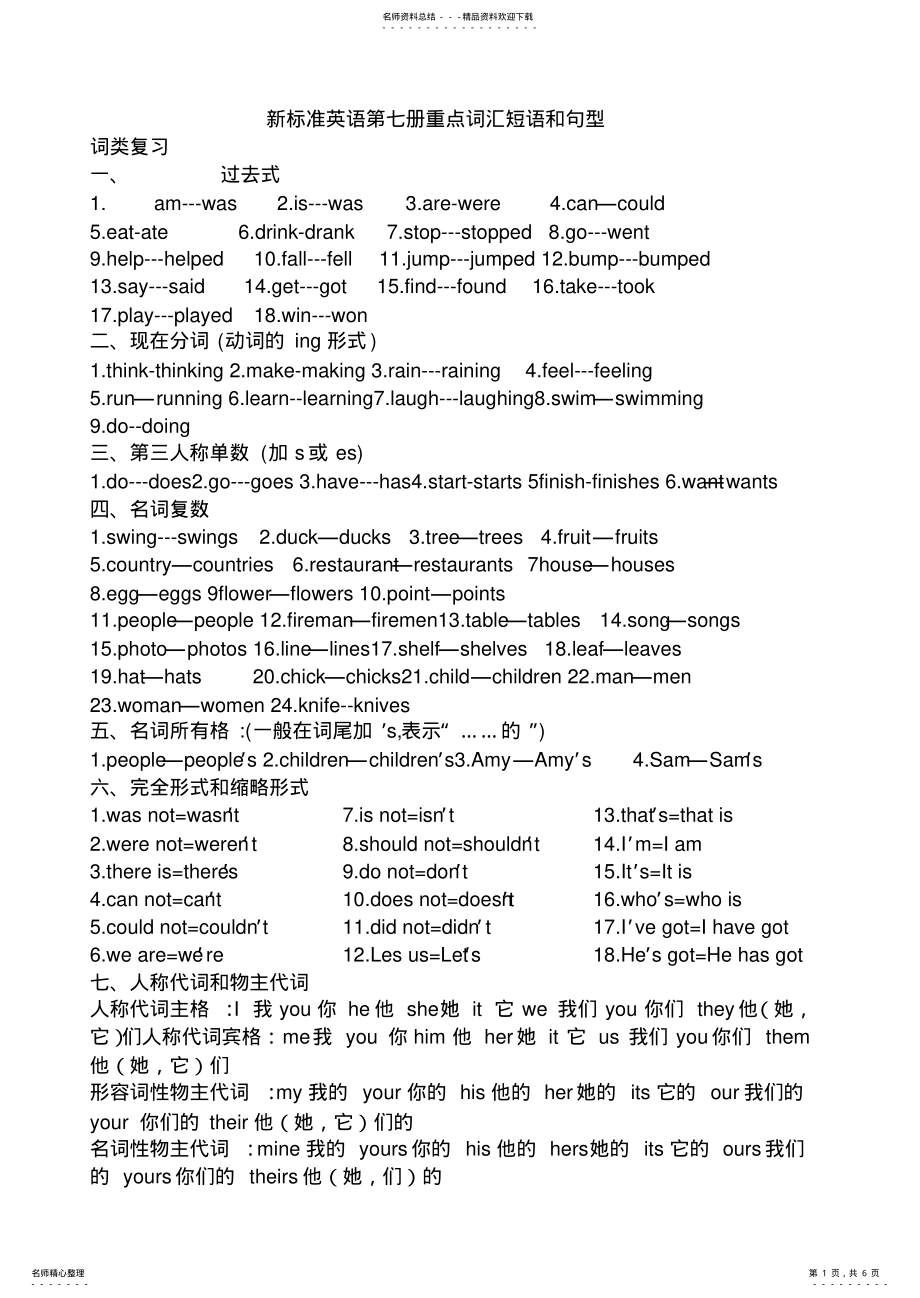 打印版新标准英语第七册重点词汇短语和句型._第1页