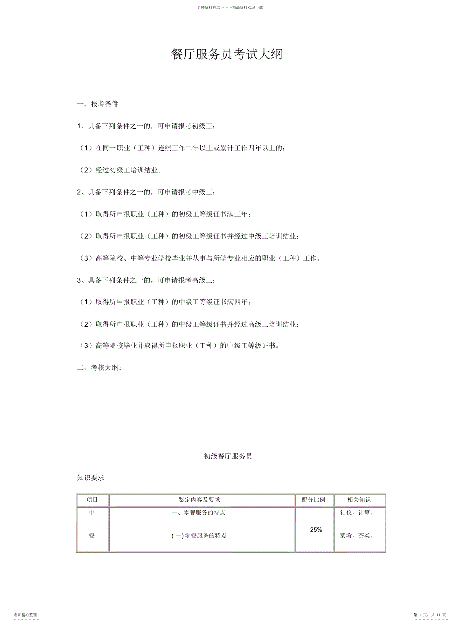 职业技能鉴定餐厅服务员考试大纲_第1页