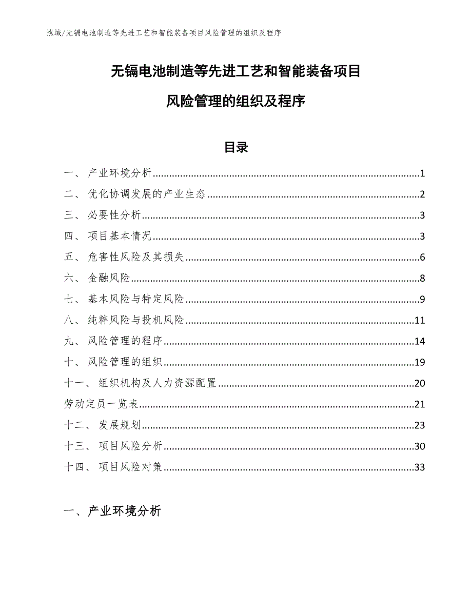 无镉电池制造等先进工艺和智能装备项目风险管理的组织及程序_范文_第1页