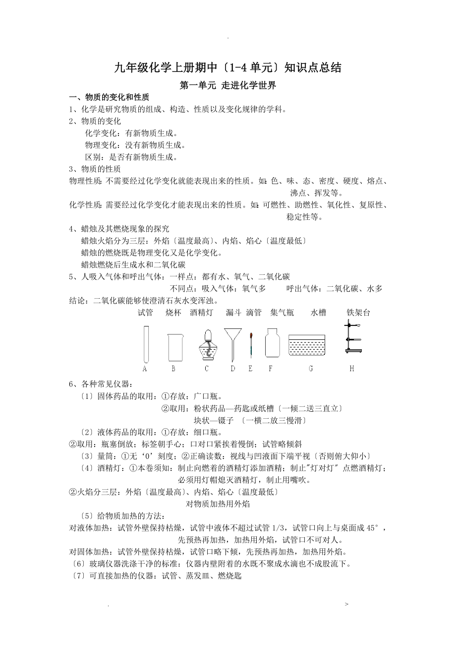 人教版九年级化学上册1-4单元知识点总结_第1页