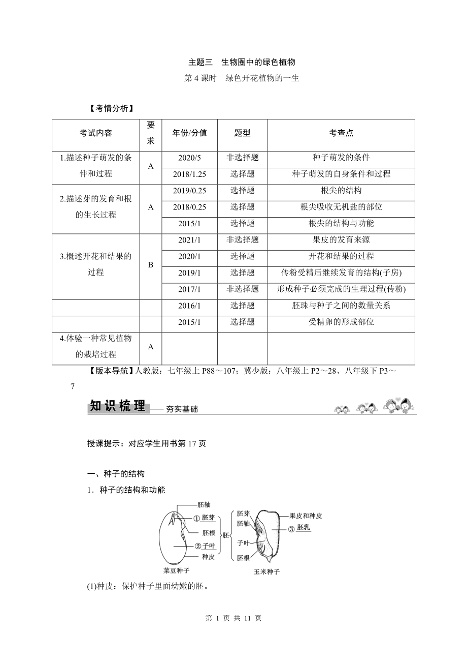 2022年中考生物总复习学案：第4课时　绿色开花植物的一生_第1页