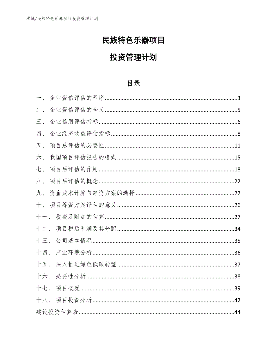 民族特色乐器项目投资管理计划_参考_第1页