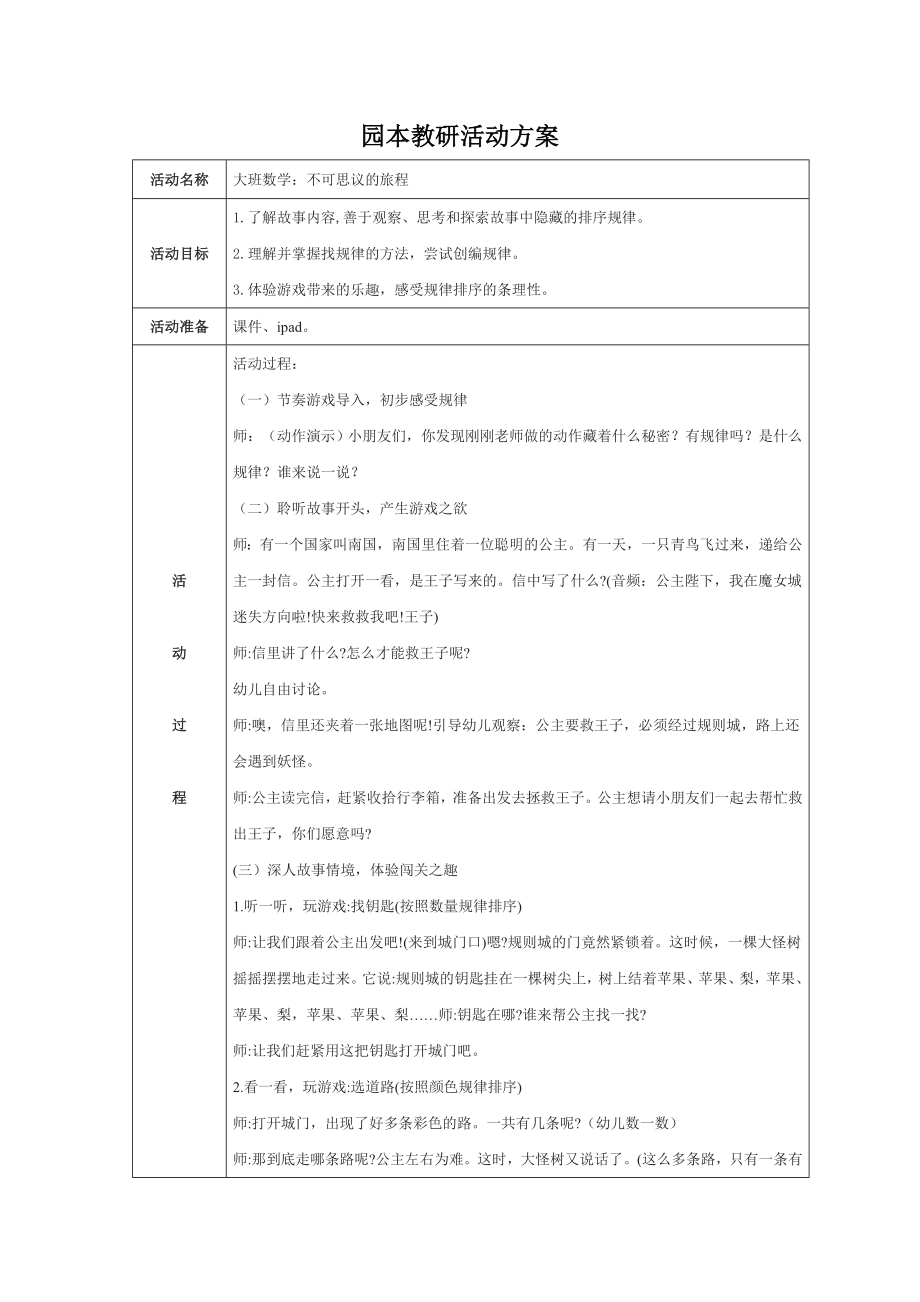 大班数学：不可思议的旅程-园本教研活动方案_第1页