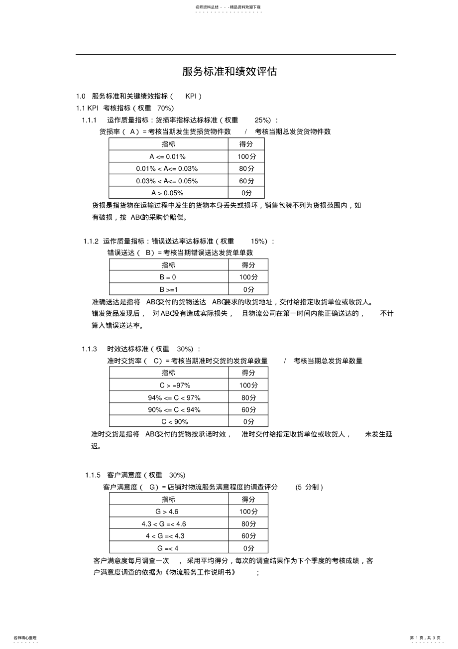 物流运输服务标准和绩效评估表_第1页