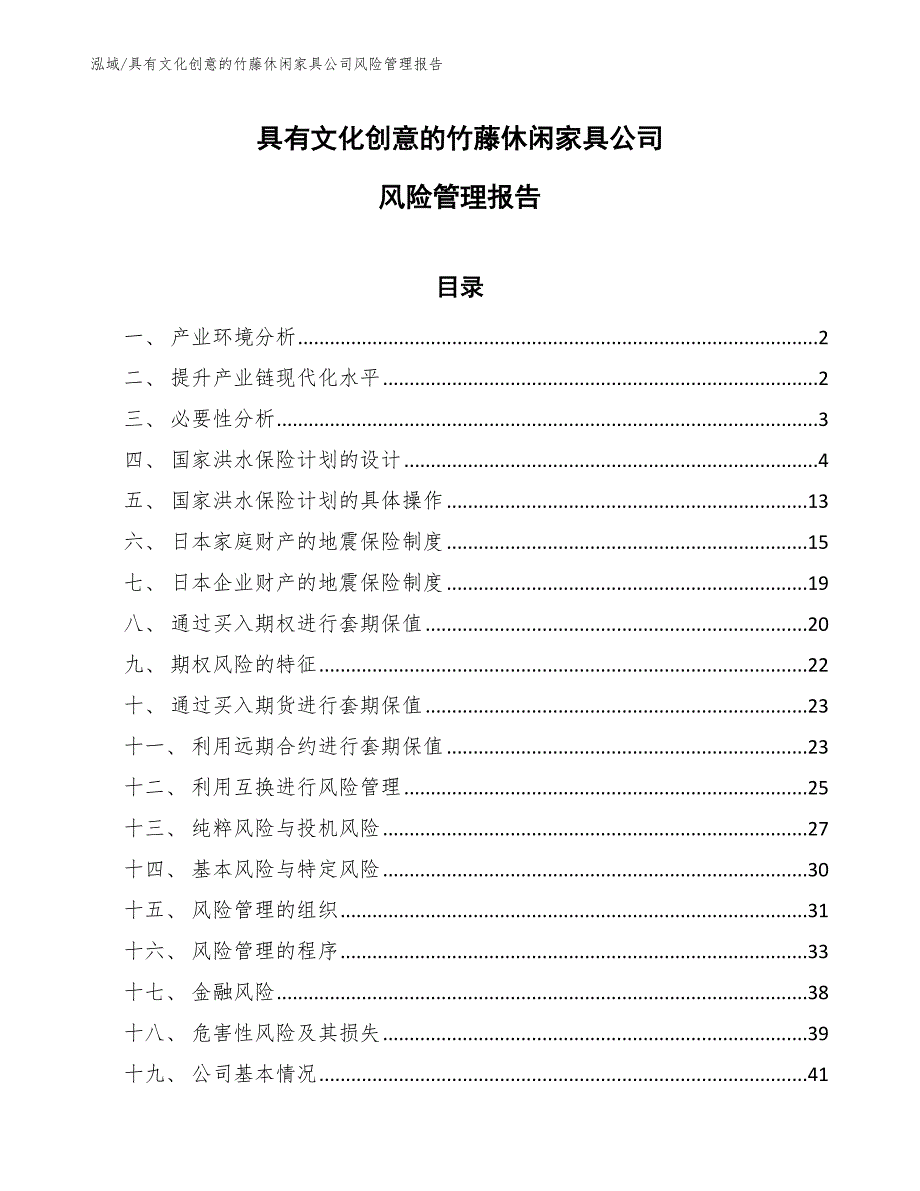 具有文化创意的竹藤休闲家具公司风险管理报告（参考）_第1页