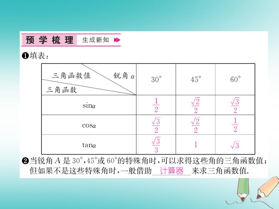 锐角三角函数第3课时特殊角的三角函数值和用计算器计算习题ppt课件新版新人教版_第2页