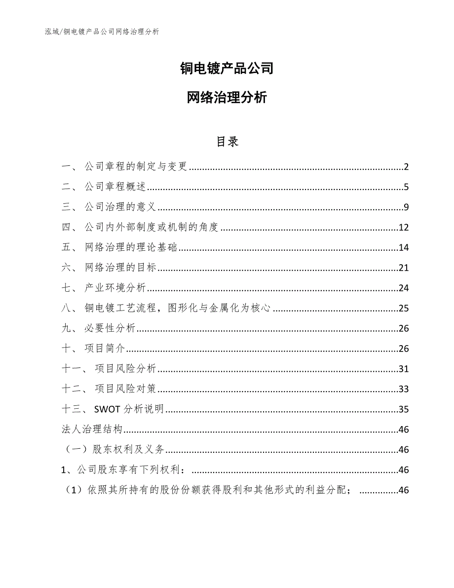 铜电镀产品公司网络治理分析【范文】_第1页