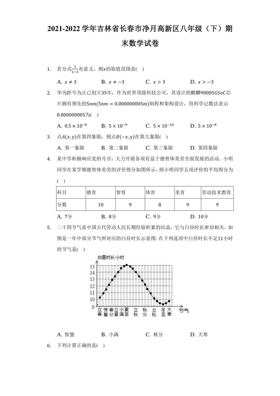 2021-2022学年吉林省长春市净月高新区八年级（下）期末数学试卷（附答案详解）_第1页