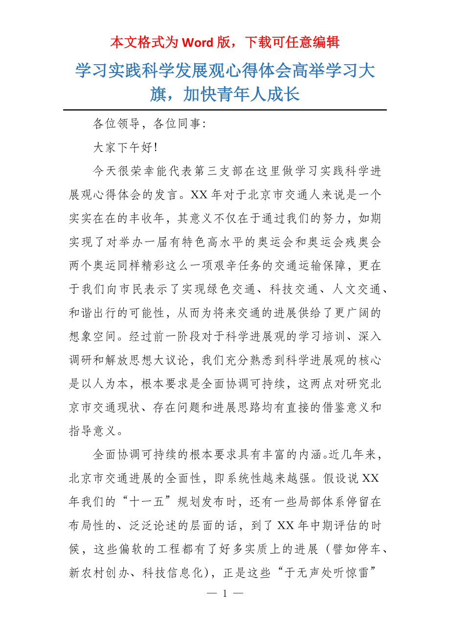 学习实践科学发展观心得体会高举学习大旗加快青年人成长_第1页