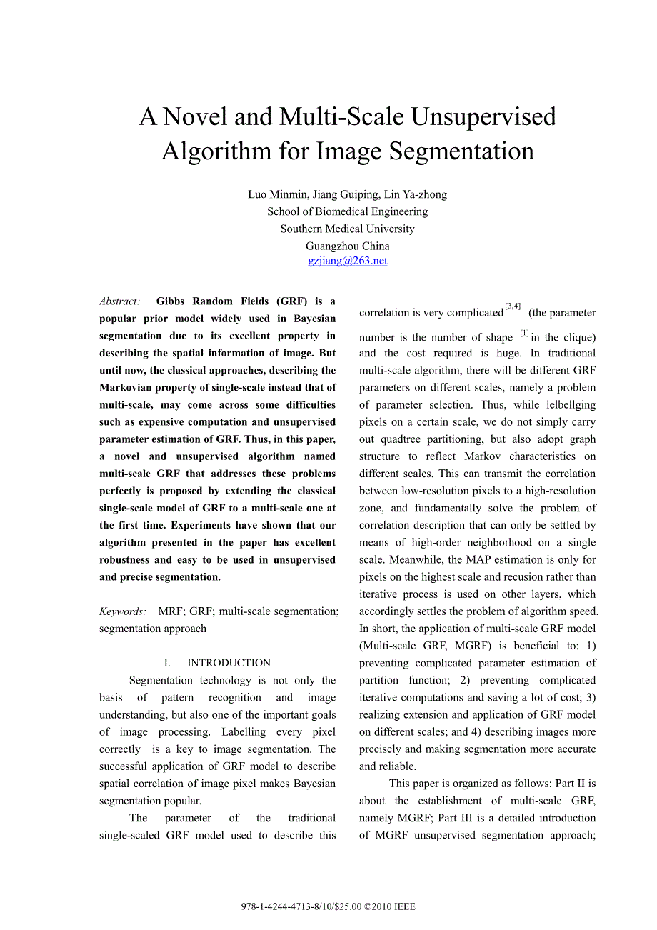 外文翻译-- A Novel and Multi-Scale Unsupervised Algorithm for Image Segmentation_第1页