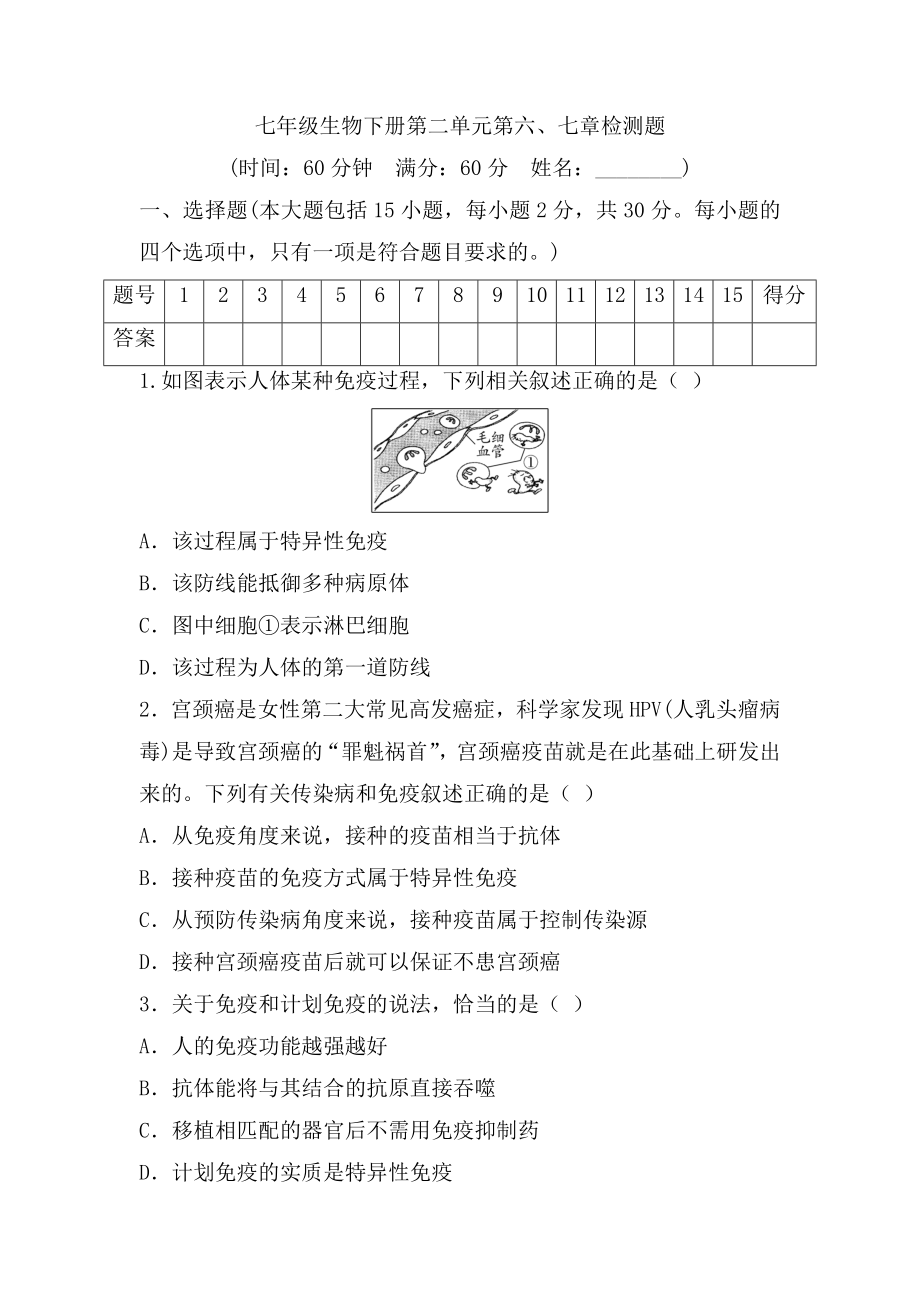 第二单元我们的身体与健康地生活（第6章、第7章）检测题-2021-2022学年冀教版生物七年级下册（不含答案）_第1页