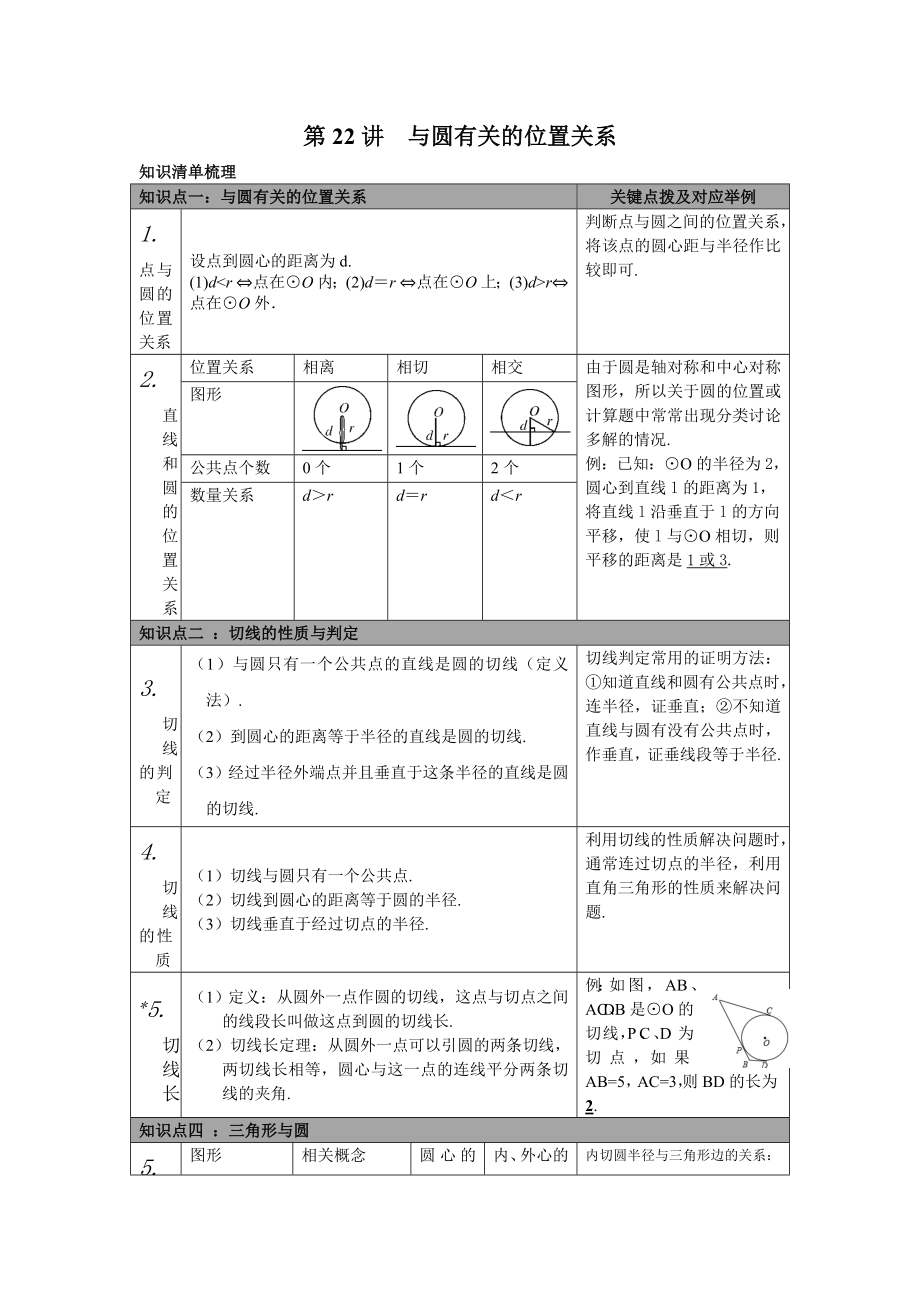 最新北师版初中九年级数学下册中考知识点梳理第22讲与圆有关的位置关系_第1页