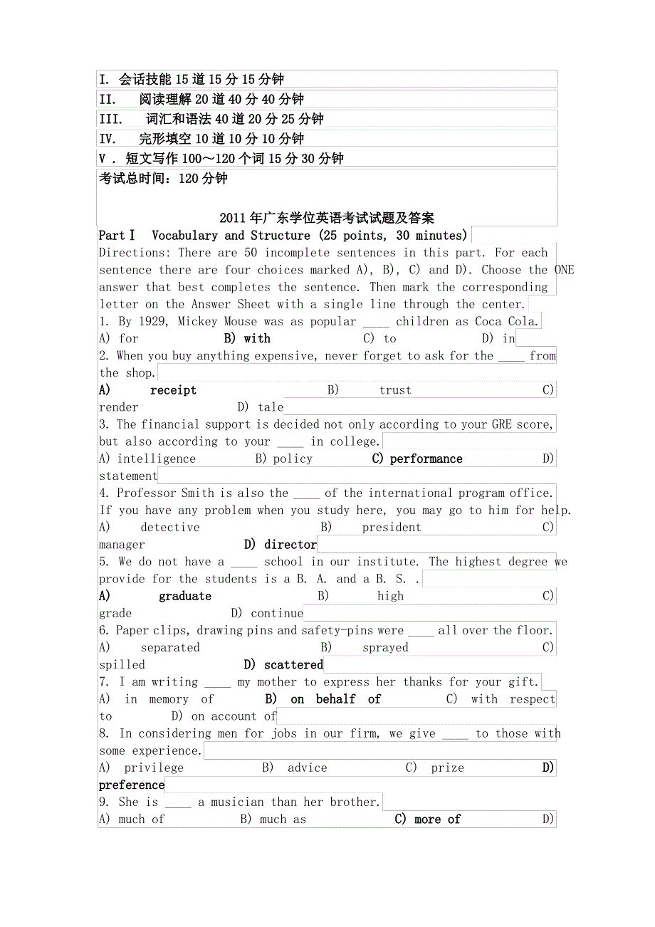 广东省学位英语历年真题及答案_第1页