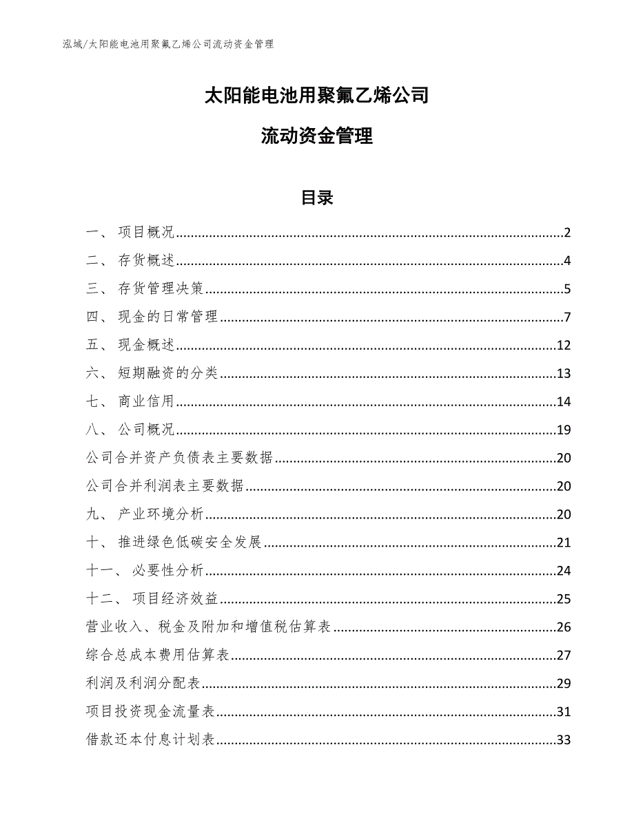 太阳能电池用聚氟乙烯公司流动资金管理_第1页