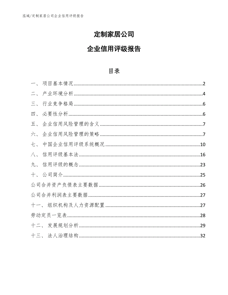 定制家居公司企业信用评级报告【范文】_第1页