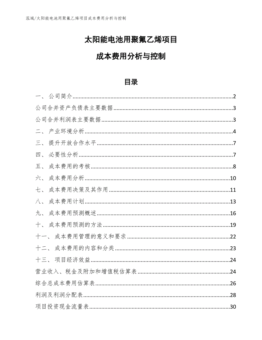 太阳能电池用聚氟乙烯项目成本费用分析与控制_第1页