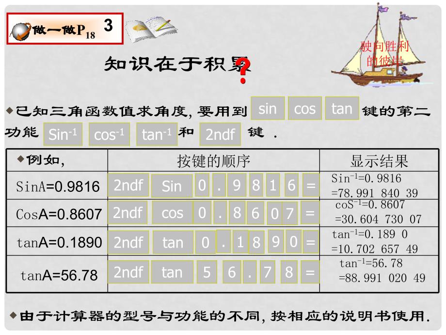 云南省昭通市盐津县二中九年级数学下册《1.3 三角函数的有关计算（2）由三角函数值求角》课件 北师大版_第4页