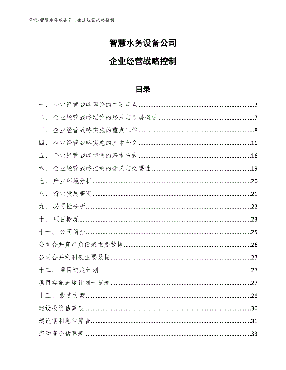 智慧水务设备公司企业经营战略控制（范文）_第1页