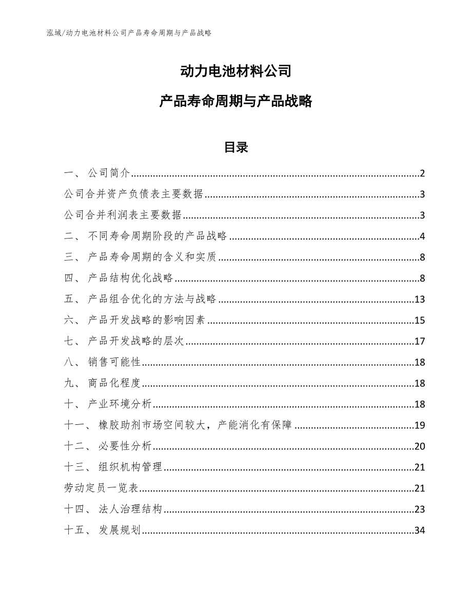 动力电池材料公司产品寿命周期与产品战略【范文】_第1页