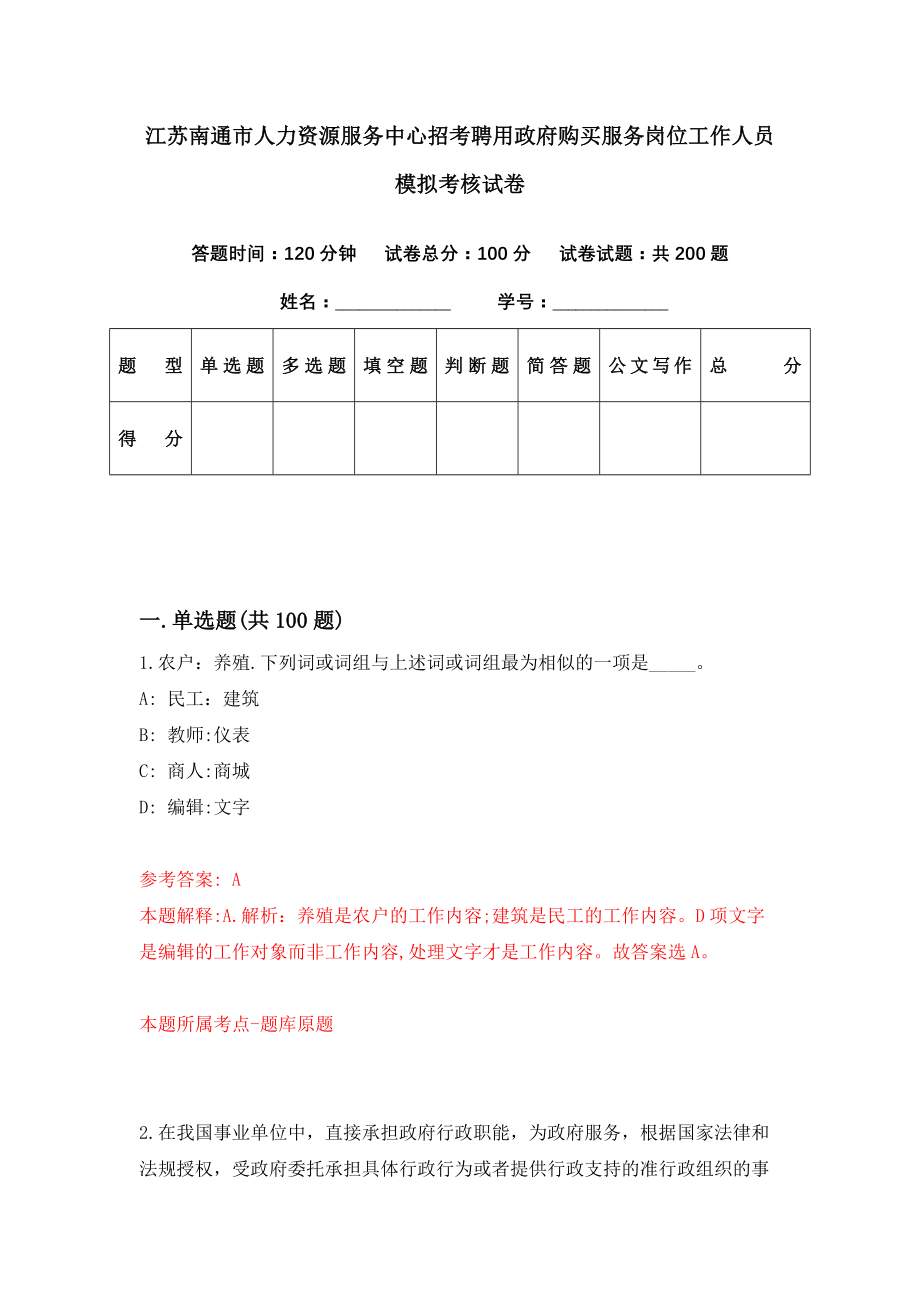 江苏南通市人力资源服务中心招考聘用政府购买服务岗位工作人员模拟考核试卷（6）_第1页