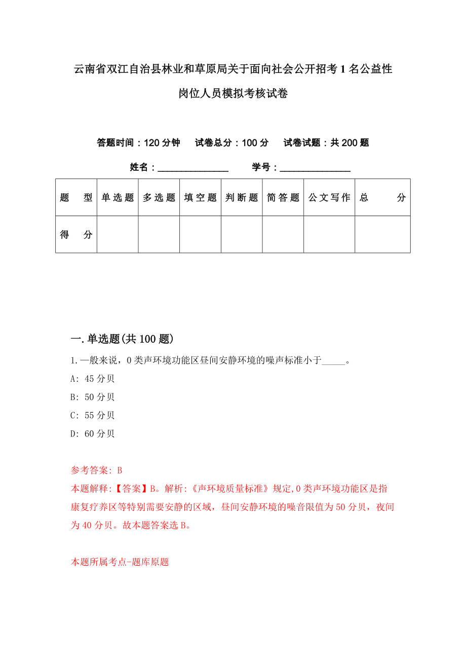 云南省双江自治县林业和草原局关于面向社会公开招考1名公益性岗位人员模拟考核试卷（9）_第1页