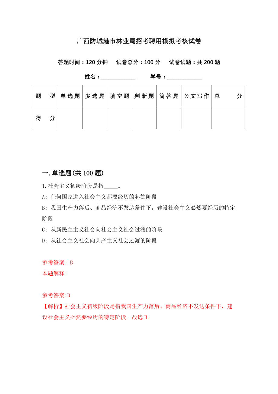 广西防城港市林业局招考聘用模拟考核试卷（4）_第1页