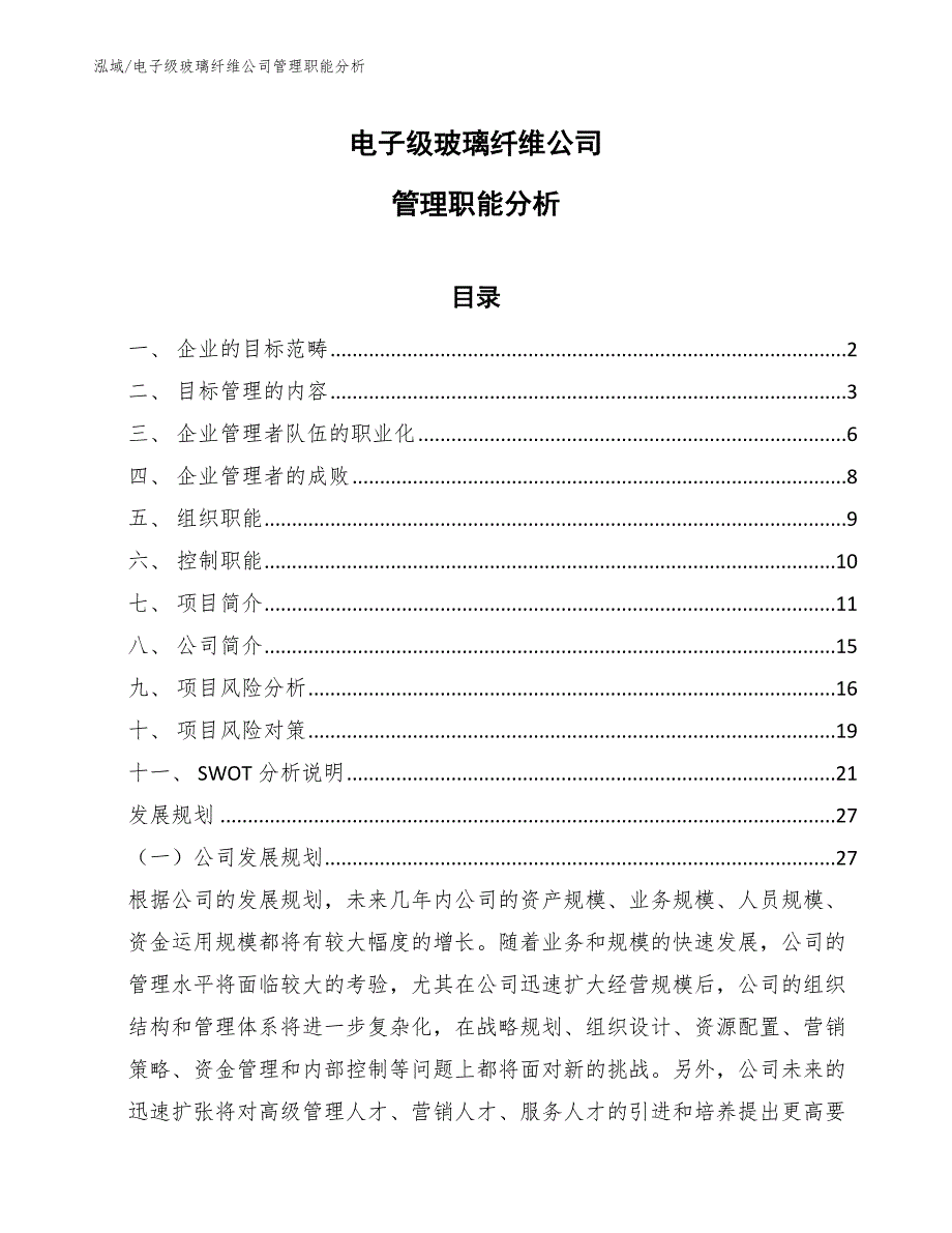 电子级玻璃纤维公司管理职能分析【参考】_第1页