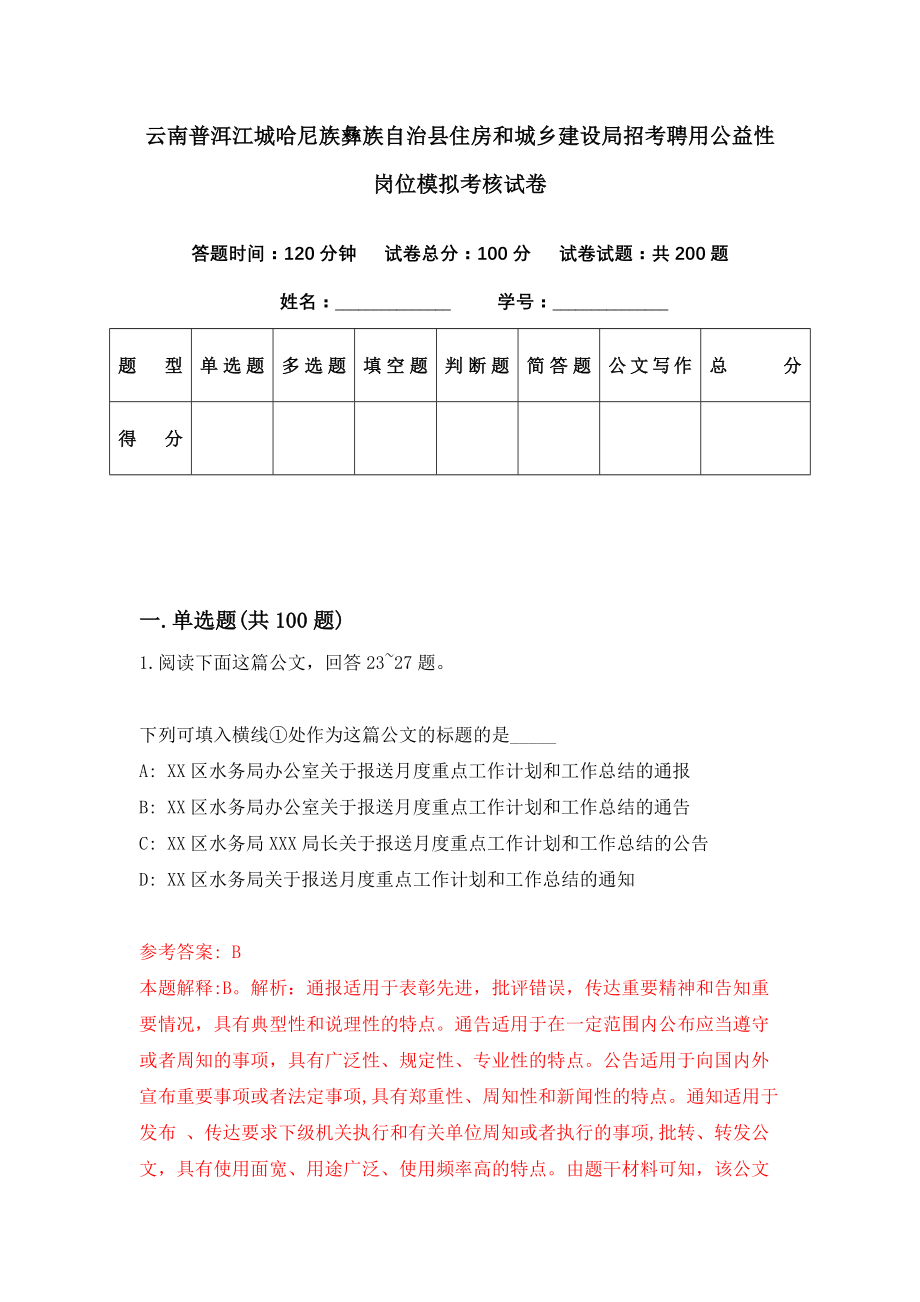 云南普洱江城哈尼族彝族自治县住房和城乡建设局招考聘用公益性岗位模拟考核试卷（9）_第1页