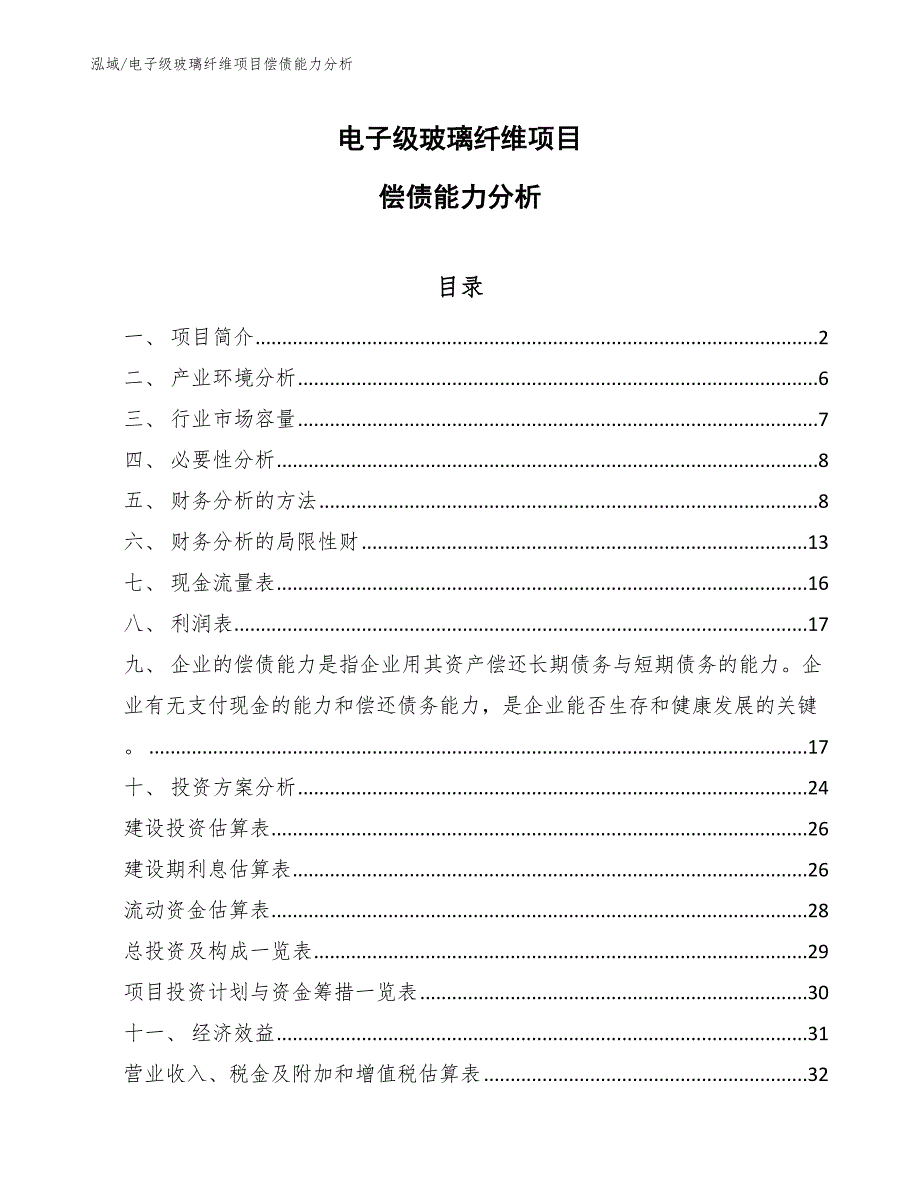 电子级玻璃纤维项目偿债能力分析【范文】_第1页