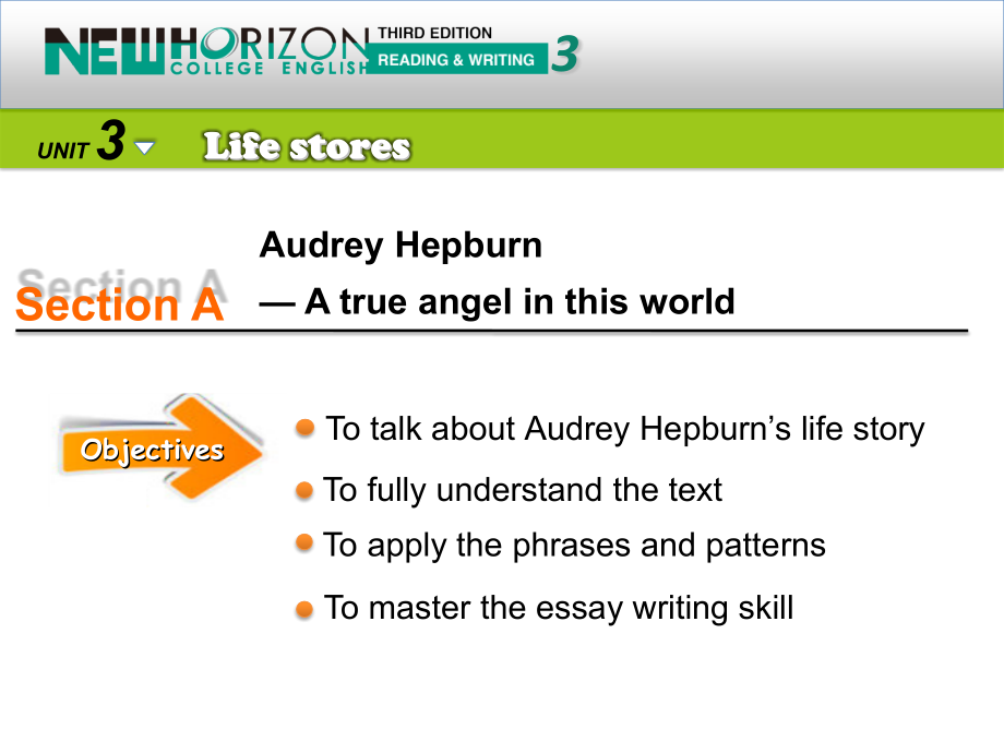 新视野大学英语(第三版)读写教程BookIII-Unit3-Section-A-Audrey-Hepburn-A-true-angel-in-this-world课件_第3页