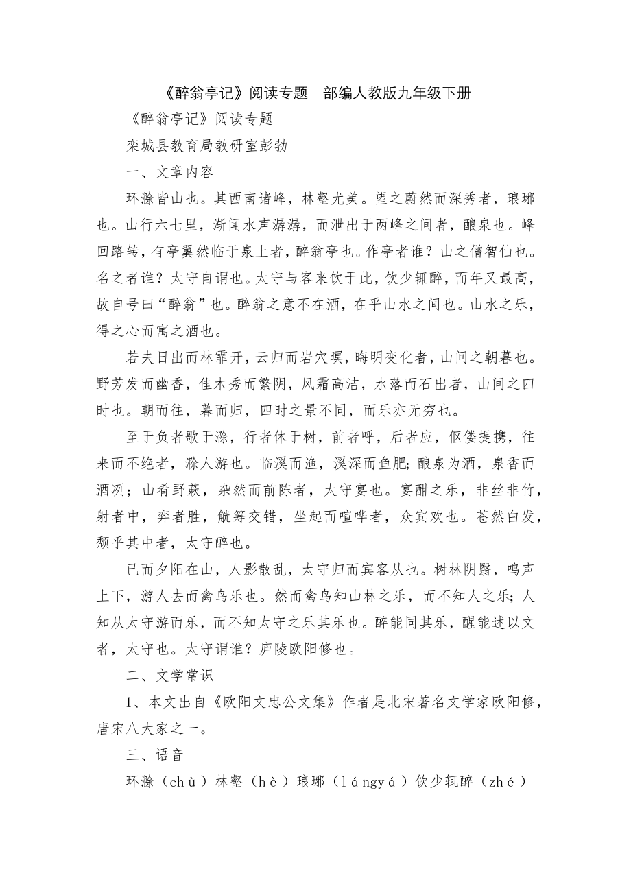 《醉翁亭记》阅读专题部编人教版九年级下册_第1页