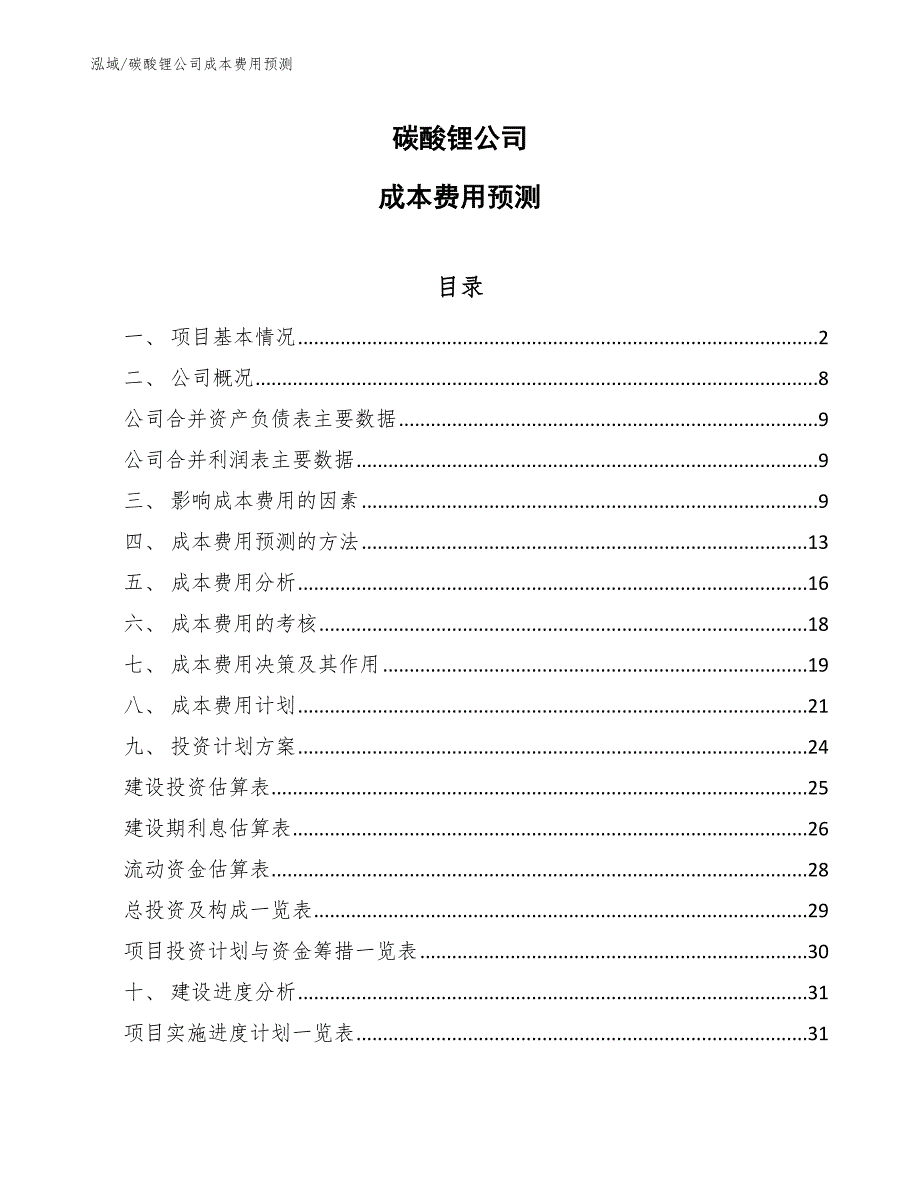 碳酸锂公司成本费用预测【范文】_第1页