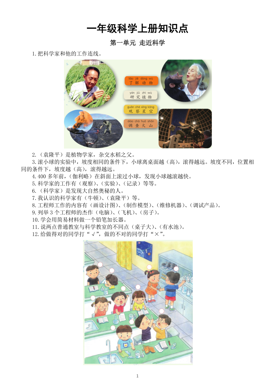 小学科学苏教版一年级上册全册知识点整理（分单元编排）（2022新版）_第1页