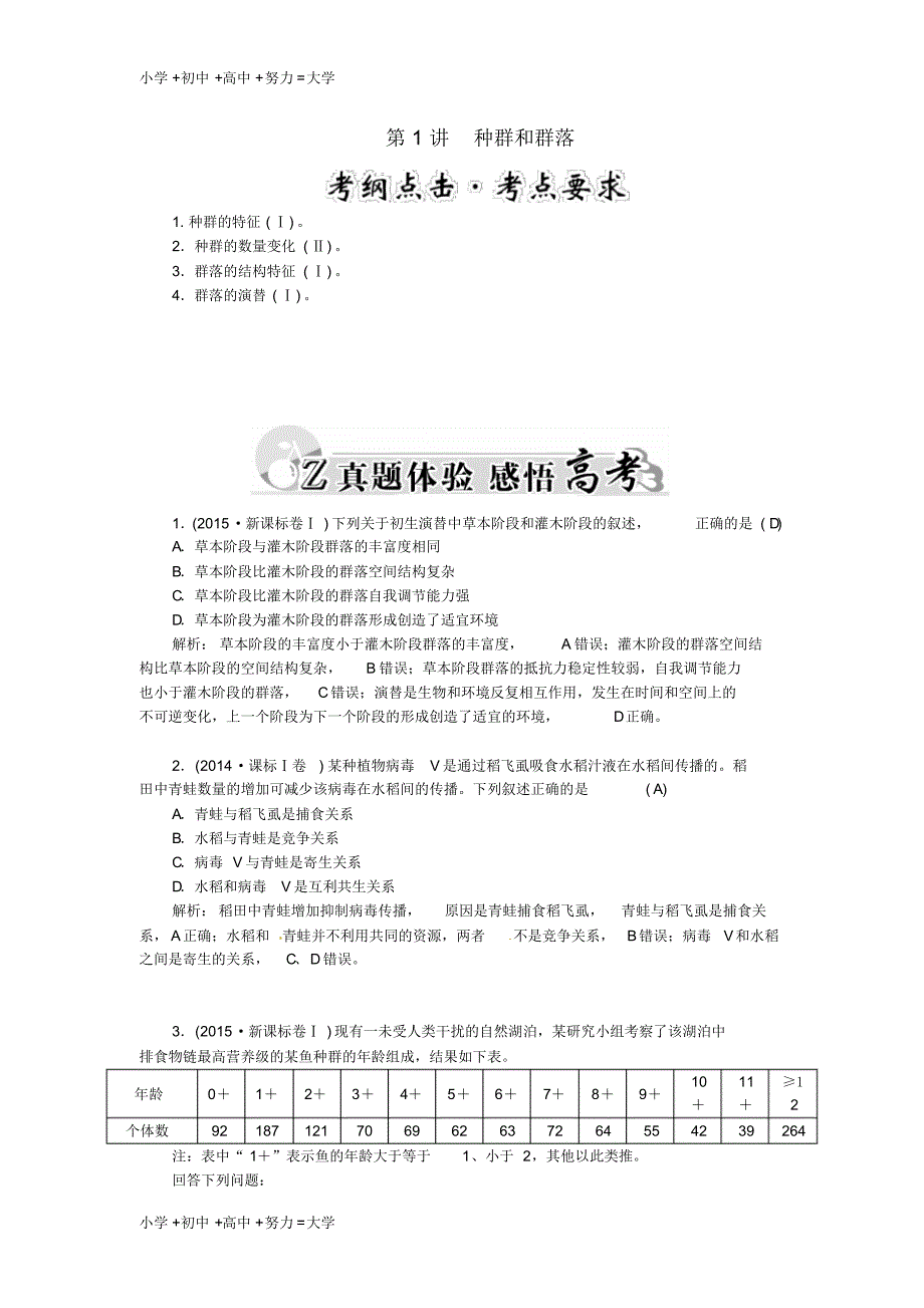 高三生物二轮复习第一部分知识落实篇专题六生物群体的稳态与环境第1讲种群和群落讲_第1页