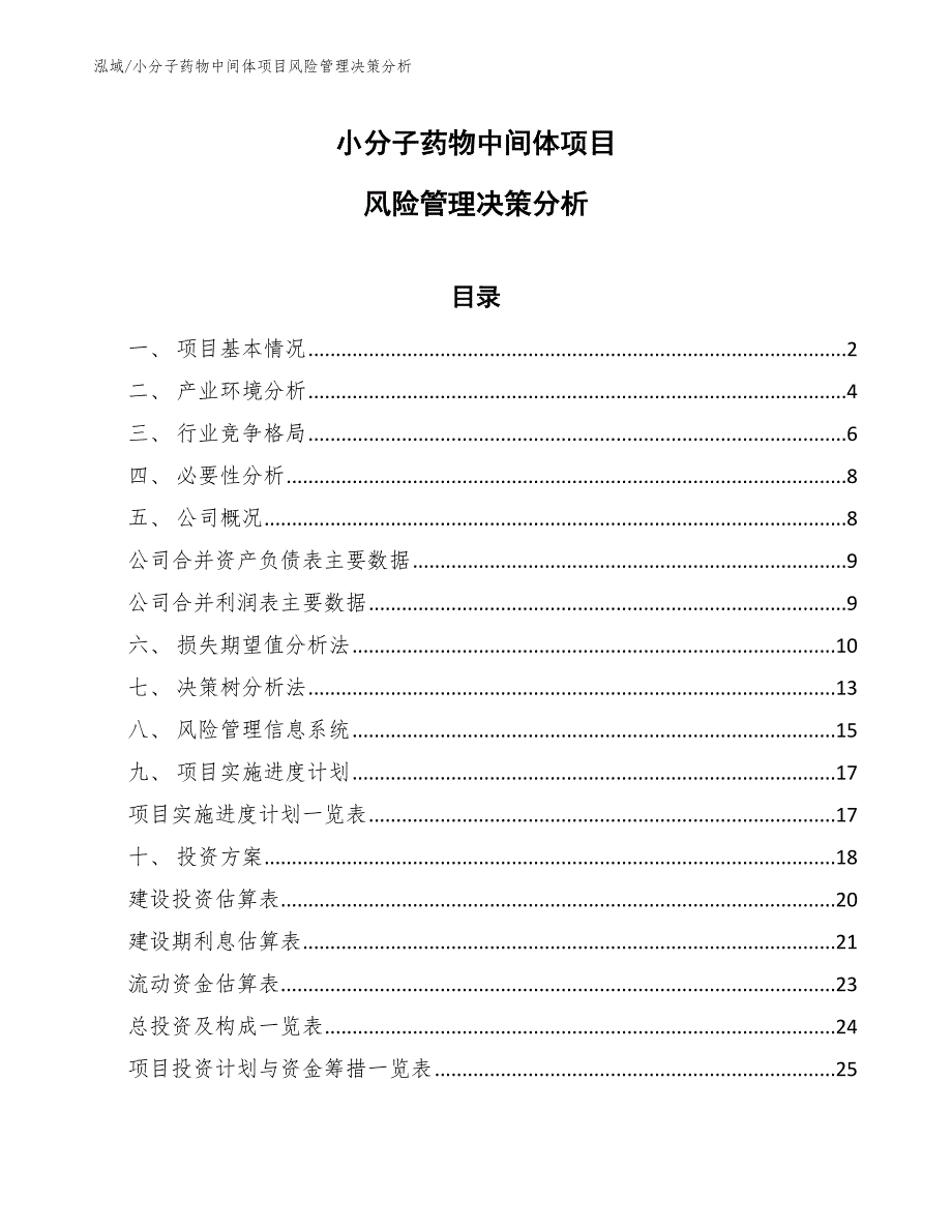 小分子药物中间体项目风险管理决策分析【参考】_第1页