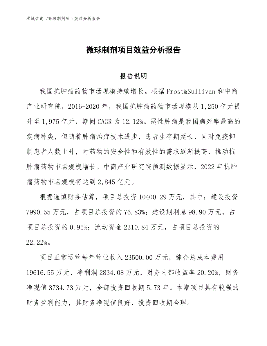 微球制剂项目效益分析报告-（范文模板）_第1页