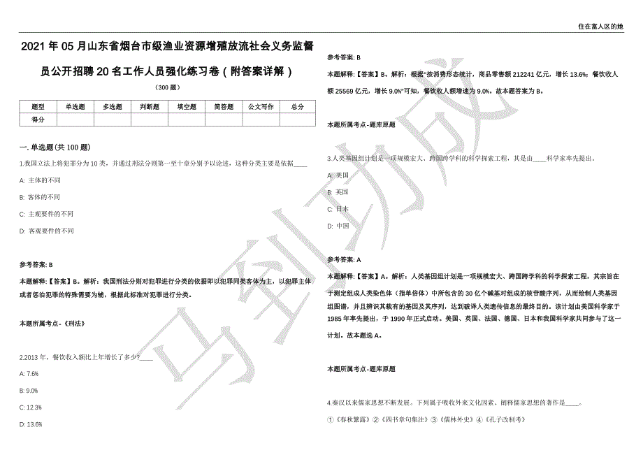 2021年05月山东省烟台市级渔业资源增殖放流社会义务监督员公开招聘20名工作人员强化练习卷（附答案详解）第515期_第1页